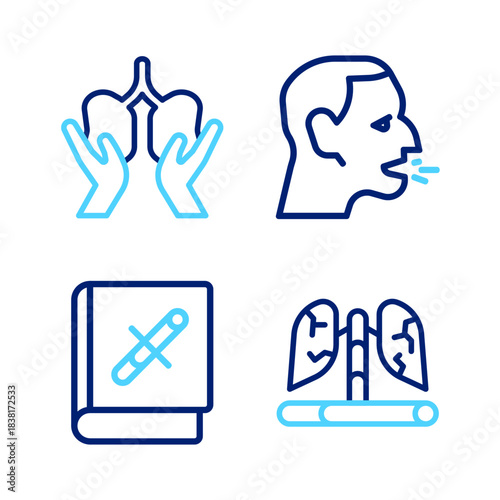 Set line Disease lungs, Book with stop cigarette, Man coughing and Lungs icon. Vector