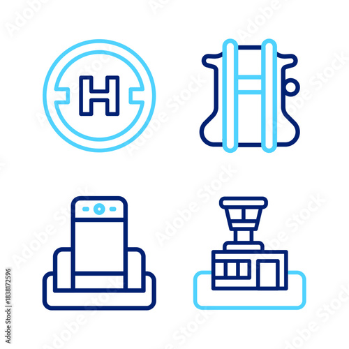 Set line Airport control tower, Metal detector in airport, Parachute and Helicopter landing pad icon. Vector