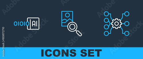 Set line Neural network, Binary code and Photo retouching icon. Vector