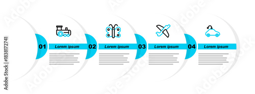 Set line Radio controlled car toy, Toy plane, Butterfly and train icon. Vector