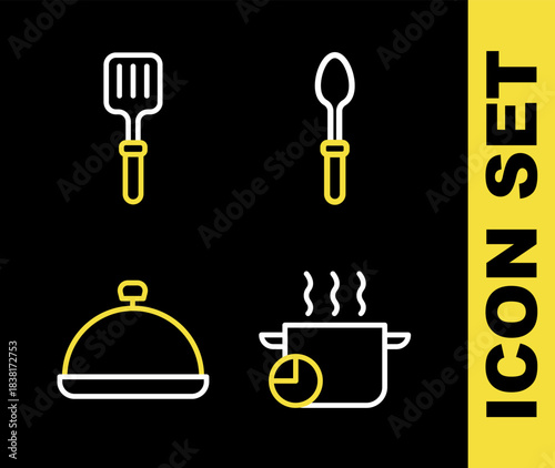 Set line Teaspoon, Cooking pot, Covered with tray of food and Barbecue spatula icon. Vector