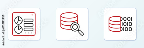 Set line Binary code, Computer api interface and Server icon. Vector