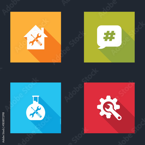 Set House service, Hashtag speech bubble, Bioengineering and Wrench and gear icon. Vector