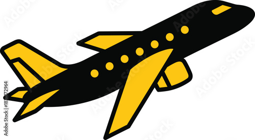 Sleek jet airplane soaring through the sky with bold yellow accents