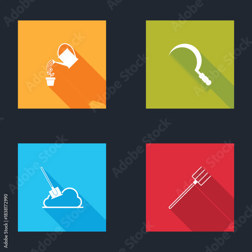 Set Watering can, Sickle, Shovel the ground and Garden pitchfork icon. Vector