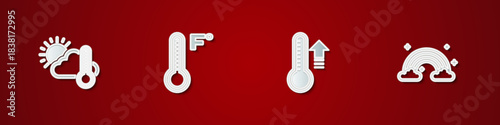 Set Thermometer and cloud, sun, Meteorology thermometer, and Rainbow with clouds icon. Vector