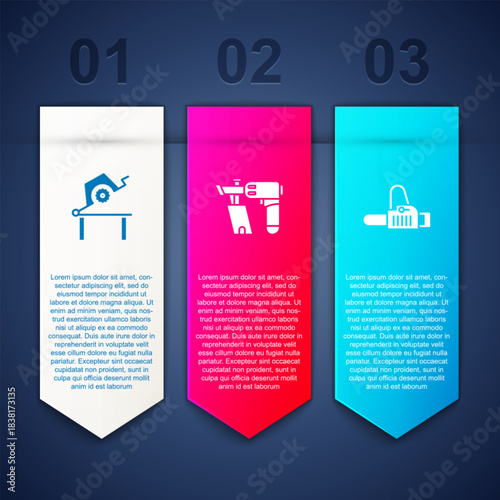 Set Table saw for woodwork, Nail gun and Chainsaw. Business infographic template. Vector