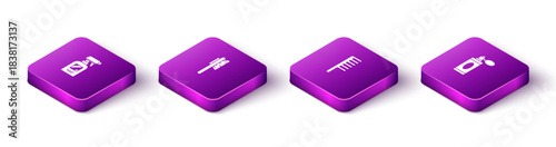 Set Isometric Hairdresser pistol spray bottle, Hairbrush, and Aftershave with atomizer icon. Vector