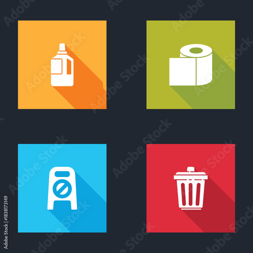 Set Fabric softener, Toilet paper roll, Wet floor and cleaning in progress and Trash can icon. Vector