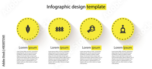 Set Corn, Garden fence wooden, Farm house in hand and Full sack. Business infographic template. Vector