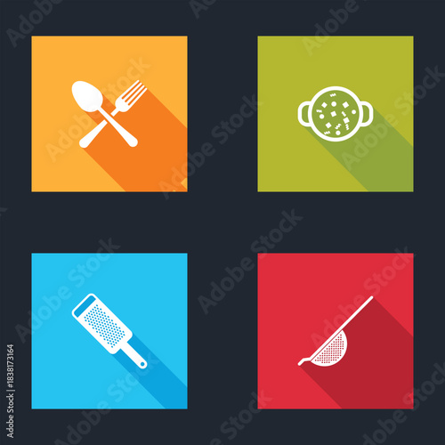Set Crossed fork and spoon, Cooking soup in pot, Grater and Kitchen colander icon. Vector