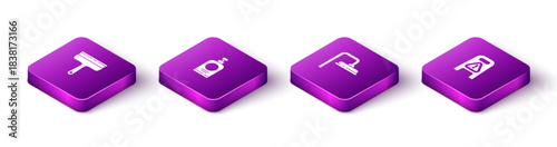 Set Isometric Rubber cleaner for windows, Hand sanitizer bottle, Shower head and Wet floor cleaning progress icon. Vector