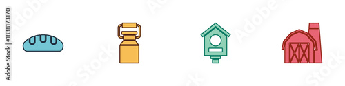 Set Bread loaf, Can container for milk, Bird house and Farm icon. Vector