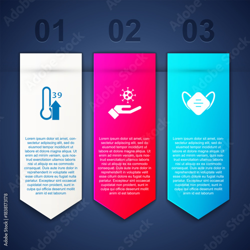 Set High human body temperature, Hand with virus and Medical protective mask. Business infographic template. Vector