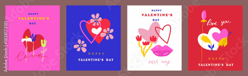 A set of Valentine's Day cards in a minimalist design. Hearts, flowers, lips on a colored background. Greeting cards, posters, covers.