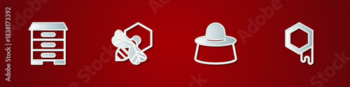 Set Hive for bees, Bee and honeycomb, Beekeeper with protect hat and Honeycomb icon. Vector