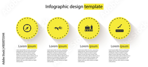 Set Compass, UAV Drone, Conveyor belt with suitcase and Plane takeoff. Business infographic template. Vector