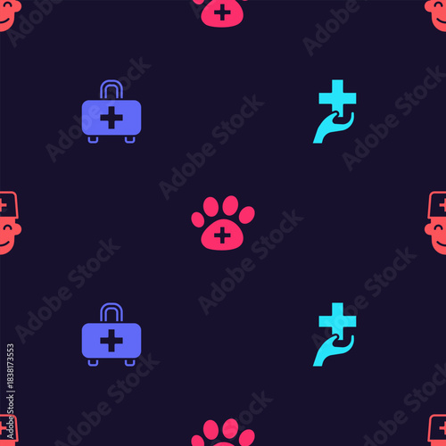 Set Heart with cross, First aid kit, Veterinary clinic and Male doctor on seamless pattern. Vector