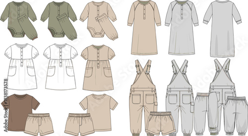 Children’s clothing icon set, earthy tone fashion designs, bodysuits, dresses, overalls, pants, vector apparel graphic, kidswear concept
