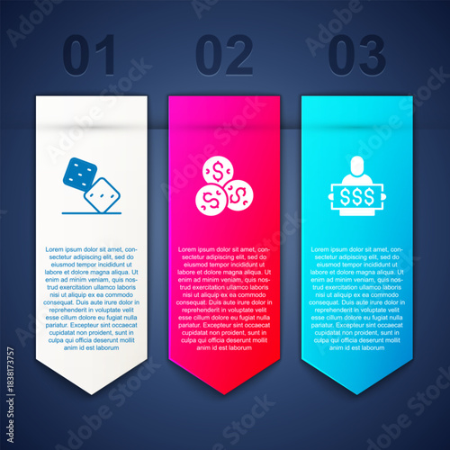 Set Game dice, Casino chip with dollar and Winner holding prize ticket. Business infographic template. Vector