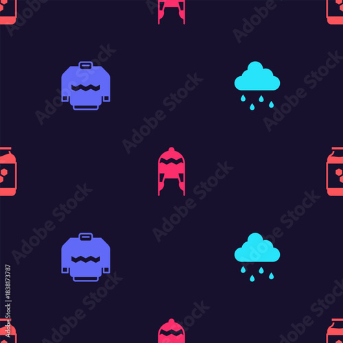 Set Cloud with rain, Sweater, Winter hat and Jar of honey on seamless pattern. Vector