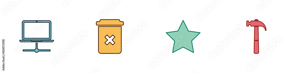 Obraz premium Set Computer network, Trash can, Star and Hammer icon. Vector