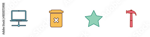 Set Computer network, Trash can, Star and Hammer icon. Vector