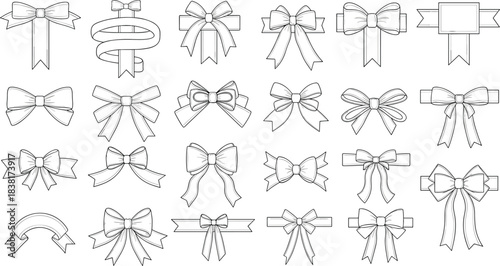 Decorative bow and ribbon icon set, twenty black-and-white line art designs, gift wrap vector, celebration graphic, crafting theme