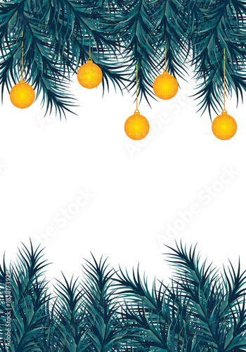 Christmas Fir Branches with Golden Ornaments Bordering White Space