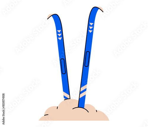 Hand drawn cute illustration pair of vintage skis in snow. Flat vector winter sport footwear doodle. Extreme mountain vacation sticker. Holiday recreation activity. Cold season competition. Isolated.