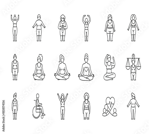 vx (3Various poses of people engaging in different activities).Various yoga poses illustrated