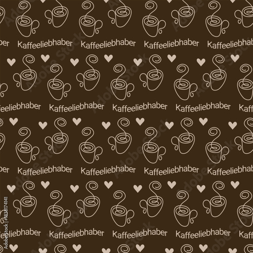 Whimsical Coffee Cups and steam, hearts and Kaffeeliebhaber German Text Seamless Pattern Monochrome. Isolated Vector Illustration Coffee Thematic Greetings Cards Backdrop Promo Banner, leaflets, label