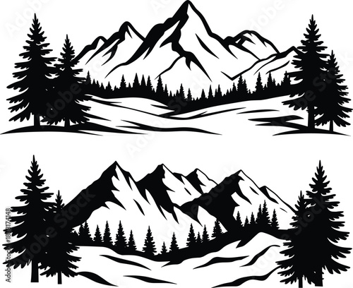 Mountain landscape silhouette set, forest terrain illustration, black and white nature scenes, vector graphic, outdoor adventure theme, scenic concept