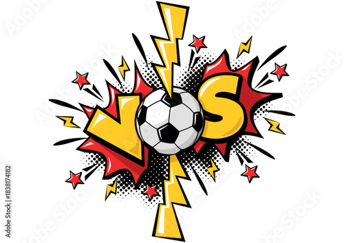 VS sign with lightnings and soccer ball. Divider for presenting teams of a football match. Vector template on transparent background