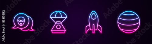 Set line Alien, Space capsule, Rocket ship and Planet. Glowing neon icon. Vector