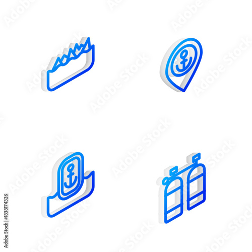 Set Isometric line Location with anchor, Sharp stone reefs, and Aqualung icon. Vector
