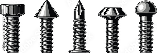 Screw head icon set, five fastener types, mechanical hardware vector, construction tool graphic, industrial design concept