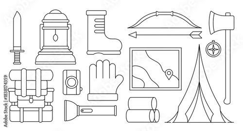 Set of camping tools icons with line art style vector design.