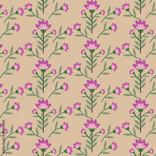 A seamless floral mughal pattern featuring stylized pink and purple flowers with green stems and leaves on pale off white color background.Suitable for textile print,clothing,home decor,wallpaper,web.