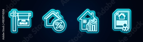 Set line Hanging sign with For Sale, House percant, Rising cost of housing and contract. Glowing neon icon. Vector
