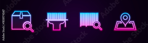 Set line Search package, Scanner scanning bar code, barcode and Placeholder on map. Glowing neon icon. Vector