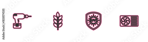 Set line Drill machine, UV protection, Wheat and Air conditioner icon. Vector