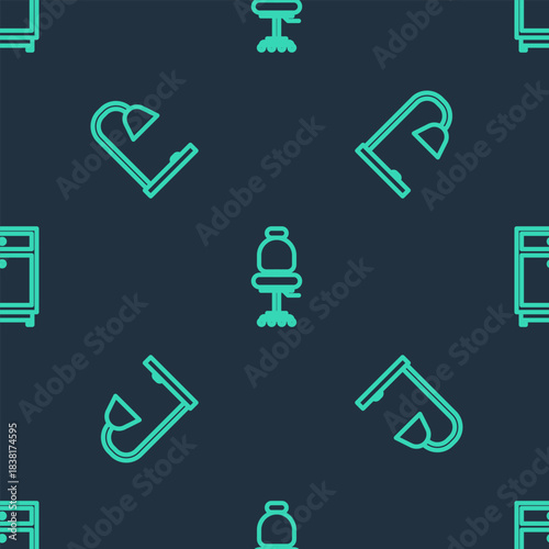 Set line Office chair, Table lamp and Furniture nightstand on seamless pattern. Vector