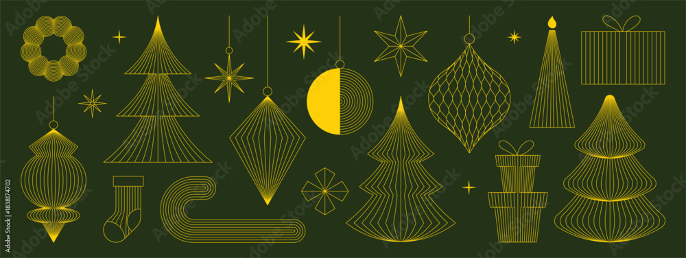 Obraz premium Christmas vector element set. Luxury gold line ornaments, trees and festive shapes perfect for holiday decoration and design.