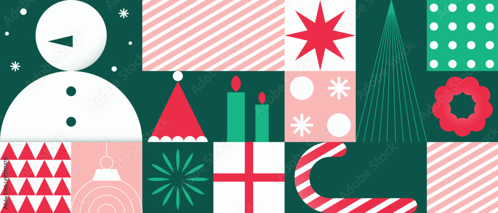Obraz premium Geometric Christmas vector pattern with red and green festive shapes and modern holiday elements. Perfect design for greeting cards, packaging, wallpaper, and happy new year invitations.