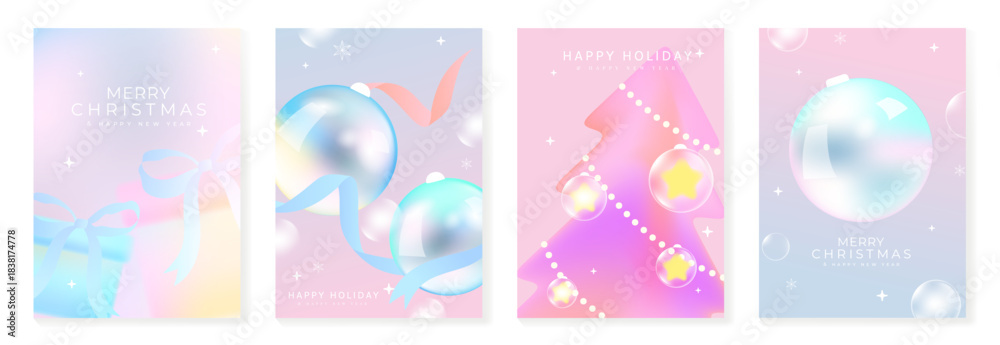 Obraz premium Christmas and Happy New Year vector illustration with soft gradient colors, festive ornaments, trees and holiday elements. Elegant design for cards, posters and prints.