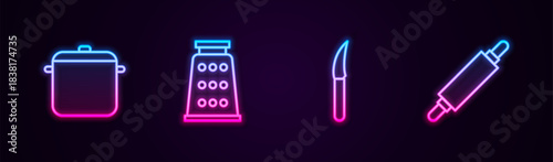 Set line Cooking pot, Grater, Knife and Rolling pin. Glowing neon icon. Vector