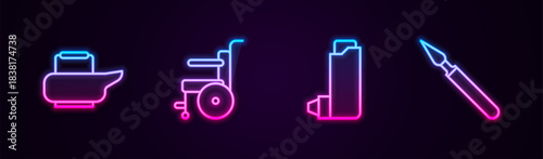 Set line Bedpan, Wheelchair for disabled person, Inhaler and Medical surgery scalpel. Glowing neon icon. Vector