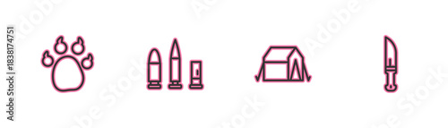 Set line Paw print, Tourist tent, Bullet and cartridge and Hunter knife icon. Vector