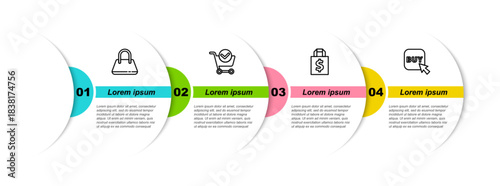 Set line Handbag, Shopping cart with check mark, Shoping dollar and Buy button. Business infographic template. Vector